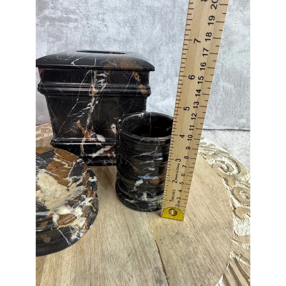 3pc Brown Marble Bathroom Accessory Set Tissue‎ Cover Tumbler Soap Dish Luxury
